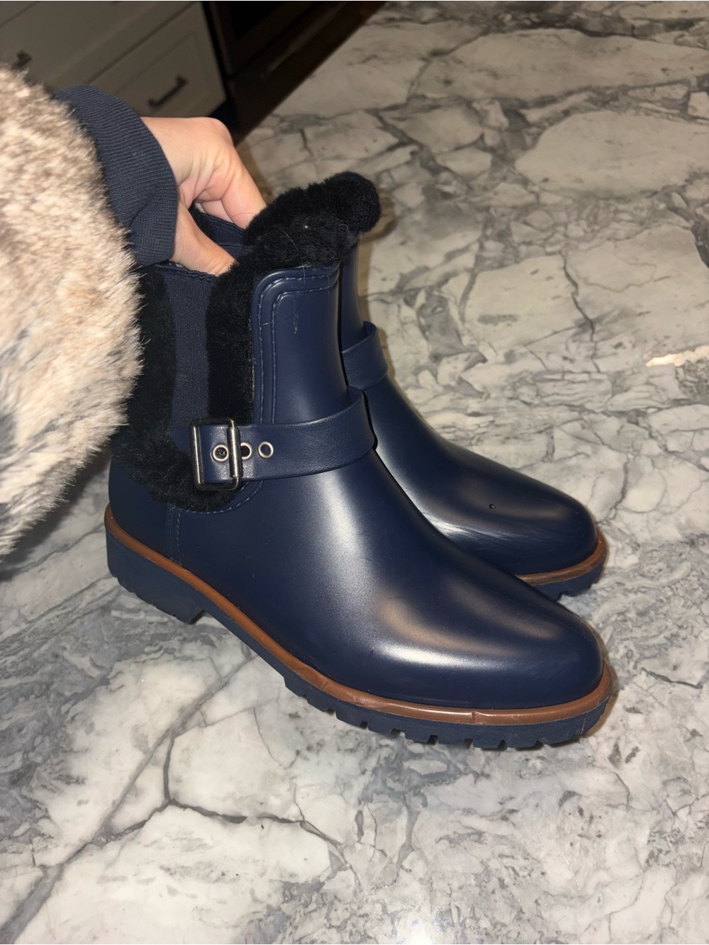 Bernardo Women’s Navy Faux-Fur Ankle Rain Boots